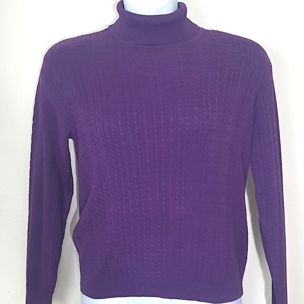 Wainscott Fisherman Sweater M Purple Aran Cable Knit Turtleneck 100% Cotton